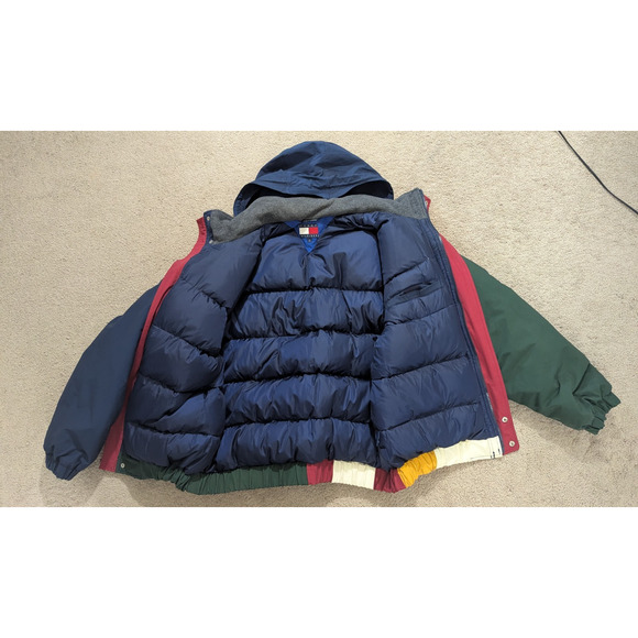 Vintage Tommy Hilfiger sz L Puffer Coat Jacket color block hoodie zips HU - Picture 8 of 14